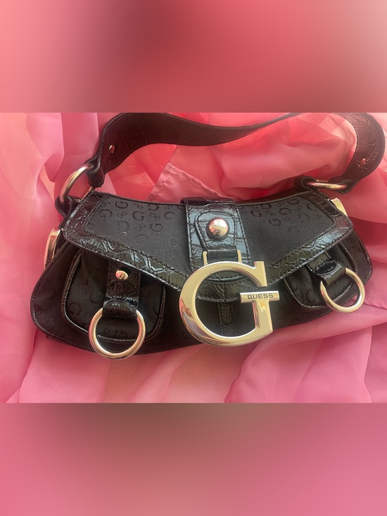 Guess Handbags - Vintage Guess Black Monogram Shoulder Bag w/ Croc Trim & G Buckle